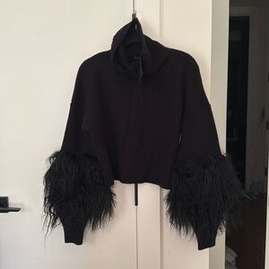 NWT LAPOINTE CASHMERE SILK TURTLENECK WITH SHEARLING SLEEVES BLACK SIZE X-SMALL